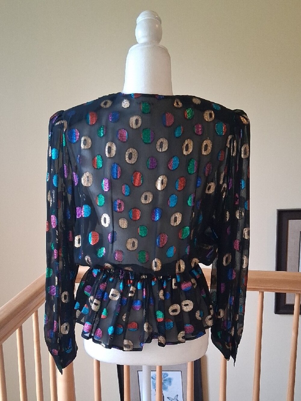 Vintage Lloyd Williams 1980s Metallic Bling Multi-Color Wrap-Style Peplum Blouse - Picture 4 of 9